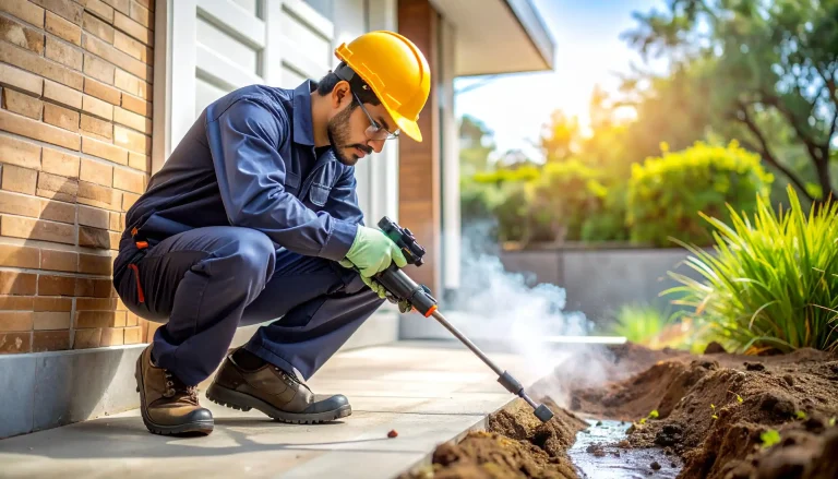 Petugas jasa anti rayap Solo memeriksa dinding rumah menggunakan senter secara profesional