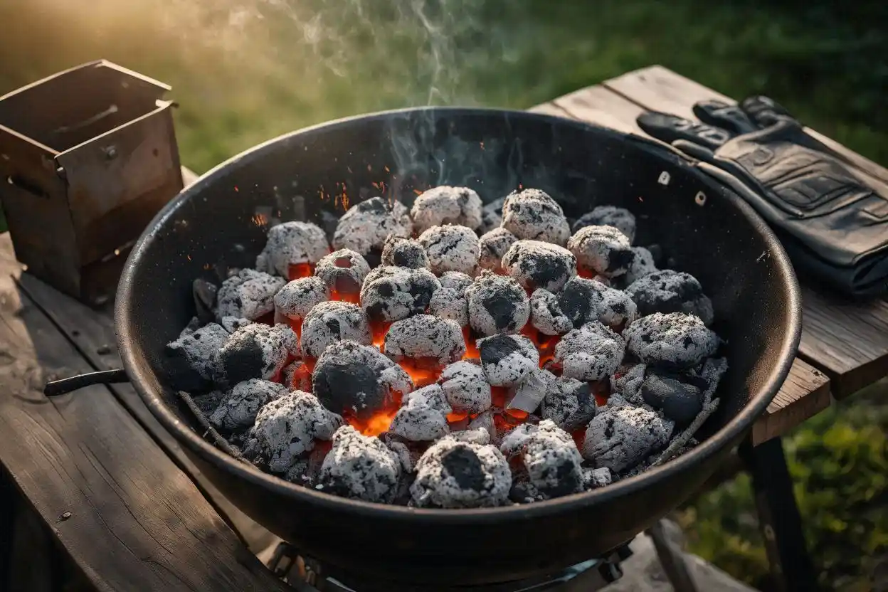 Best way to prepare charcoal for grilling with briquettes covered in white ash inside a BBQ grill