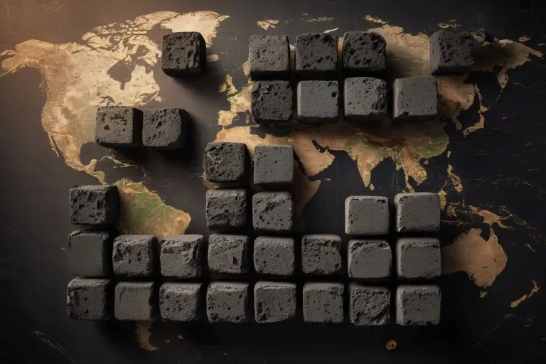 Coconut shell hookah charcoal briquettes arranged on a world map representing the global export market