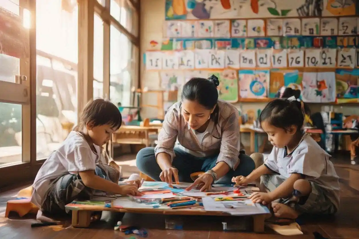 guru TK duduk bersama anak usia dini saat kegiatan belajar di kelas yang ceria dan colorful tips memilih TK sesuai karakter anak