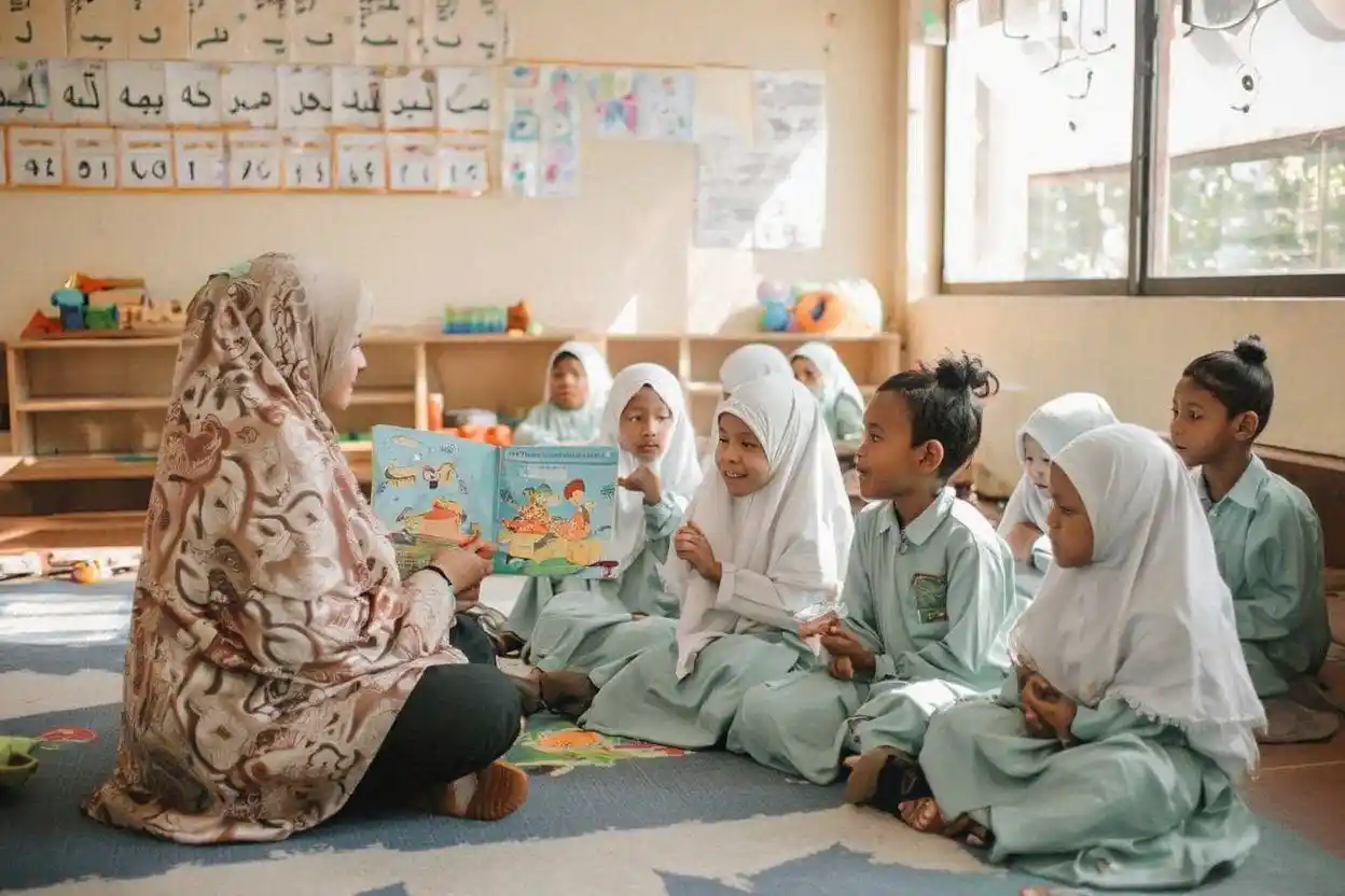 Guru TK Islam mengajar anak usia dini menggunakan buku bergambar di kelas yang ceria