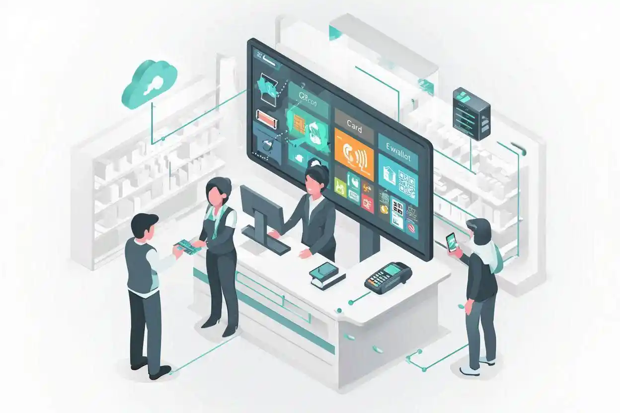 sistem pembayaran ritel terhubung dengan kasir digital dan metode pembayaran modern